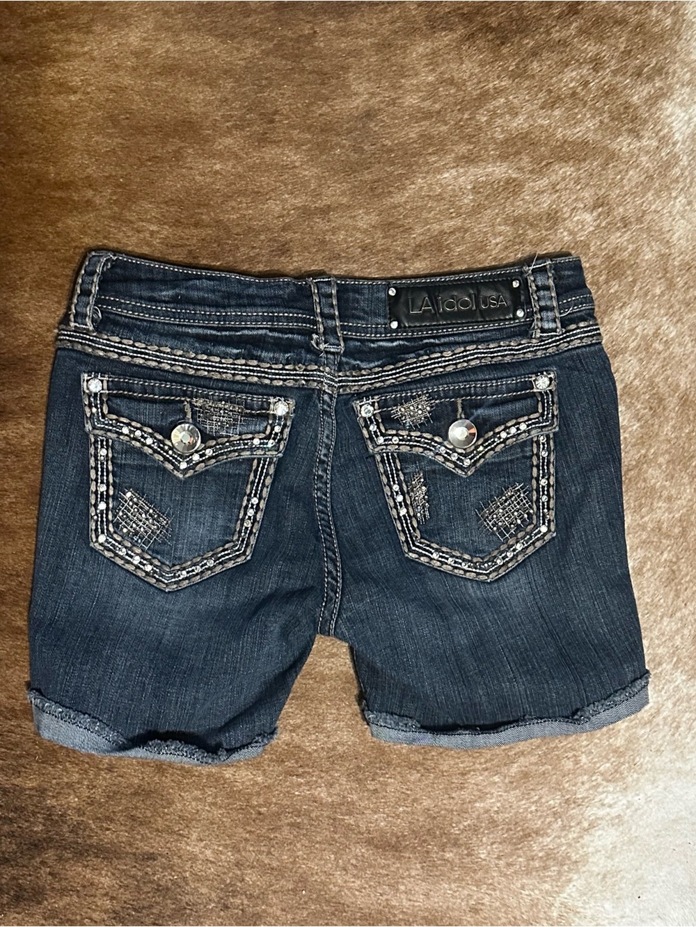L.A. idol Dark Blue Denim Shorts with Embellished Back Pockets